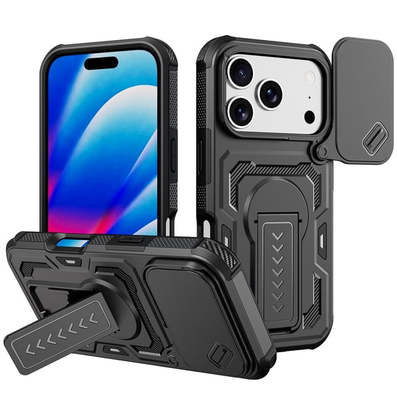 Dteck Case for iPhone 17 Pro,Shockproof TPU PC Case Sliding Camera Protection Built-in Kickstand Anti-Slip Back Cover for iPhone 17 Pro,Black