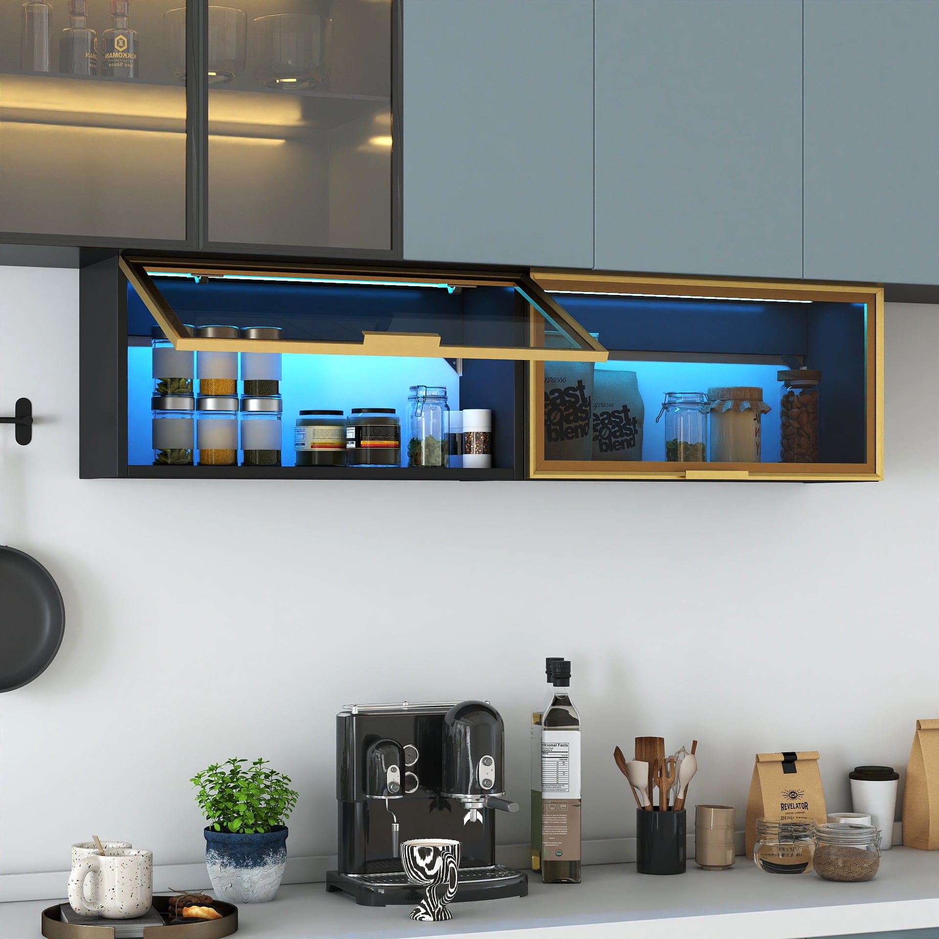 Mintazer Wall-Mounted Kitchen Storage Cabinet with LED Light, Flip-Up Glass Door Wall Cabinet with Gold Trim, Black