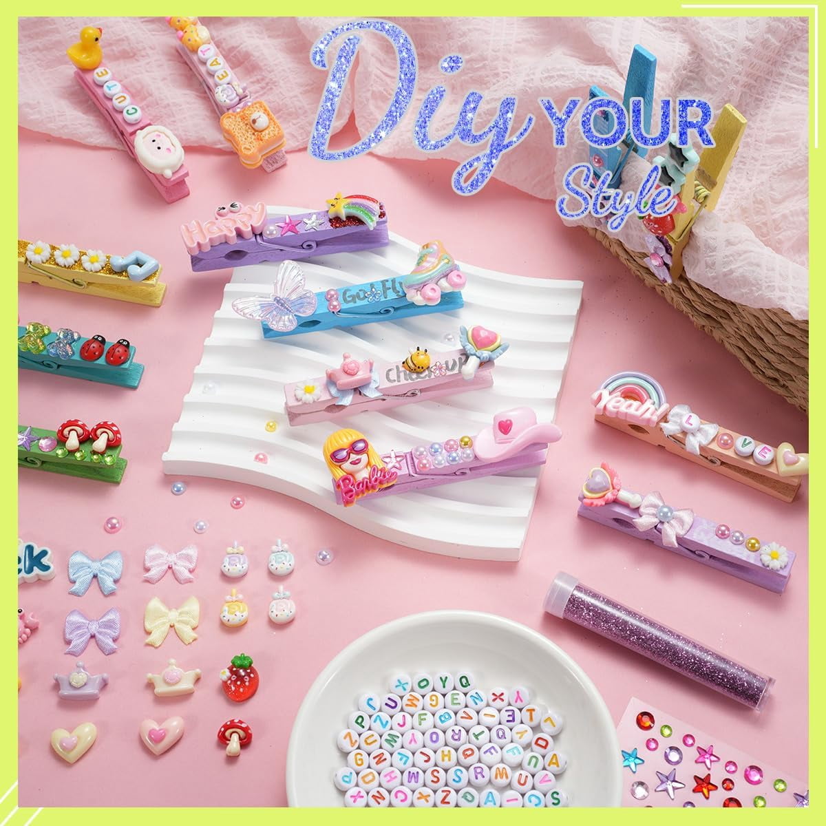 80pcs Cheer Pins Spirit Clips Kit with Multiple Charms & DIY Accessories, Wooden Clothes Pins Craft Set for Backpacks Decorations, Cheerleaders, Team Present (2.9 Inch, Macaron Colors)