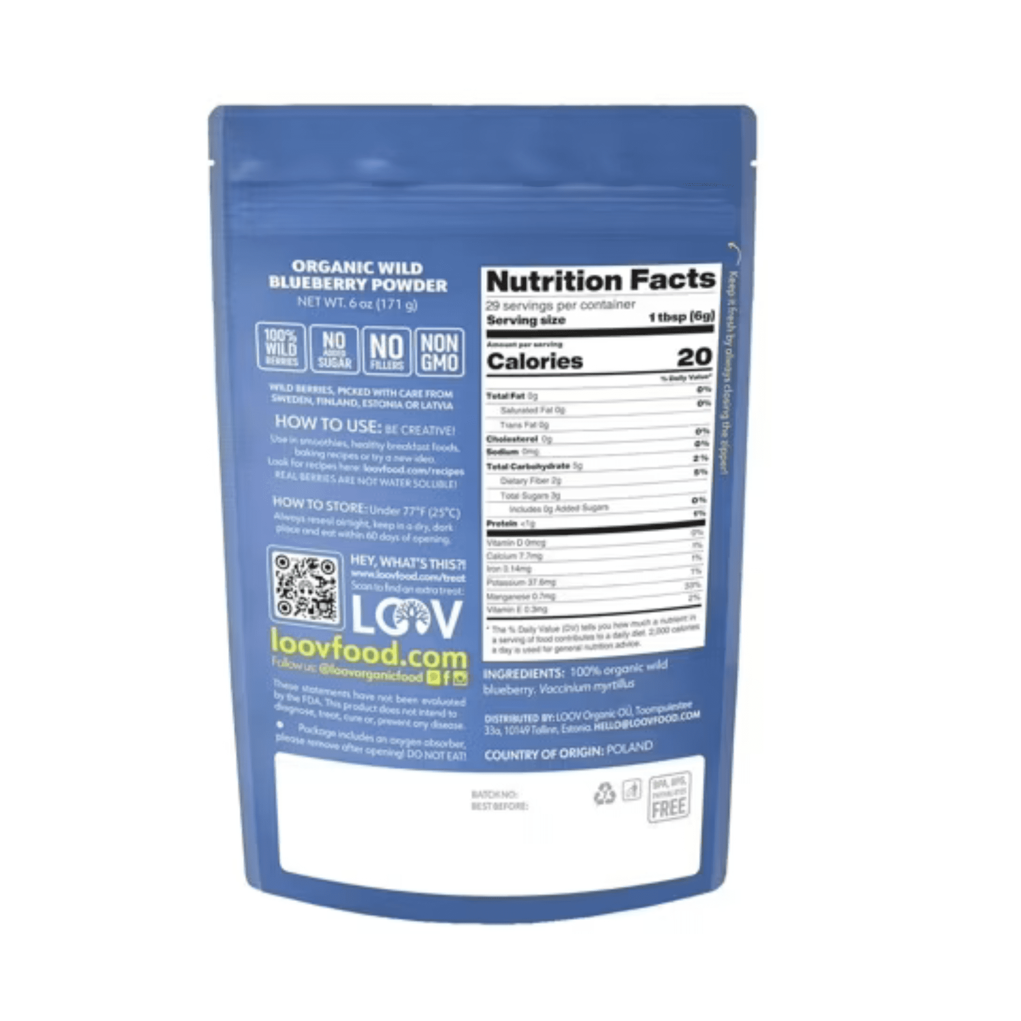 LOOV Organic Wild Blueberry Powder - 6 oz - 35-Day Supply - No Added Sugar