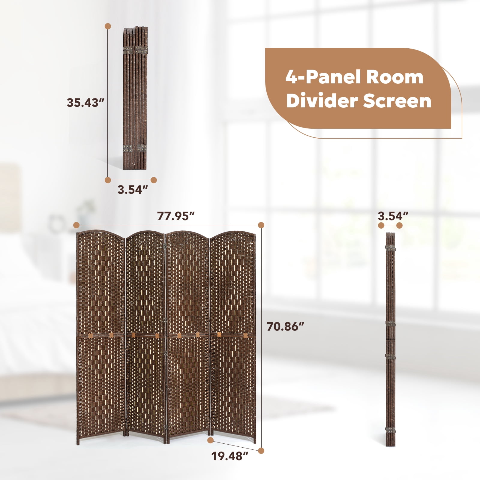 Jostyle 4 Panel Room Divider Folding Privacy Screens 6ft Tall Room Dividers Screen Divider Wall for Room Separation Partition Portable Brown Freestanding