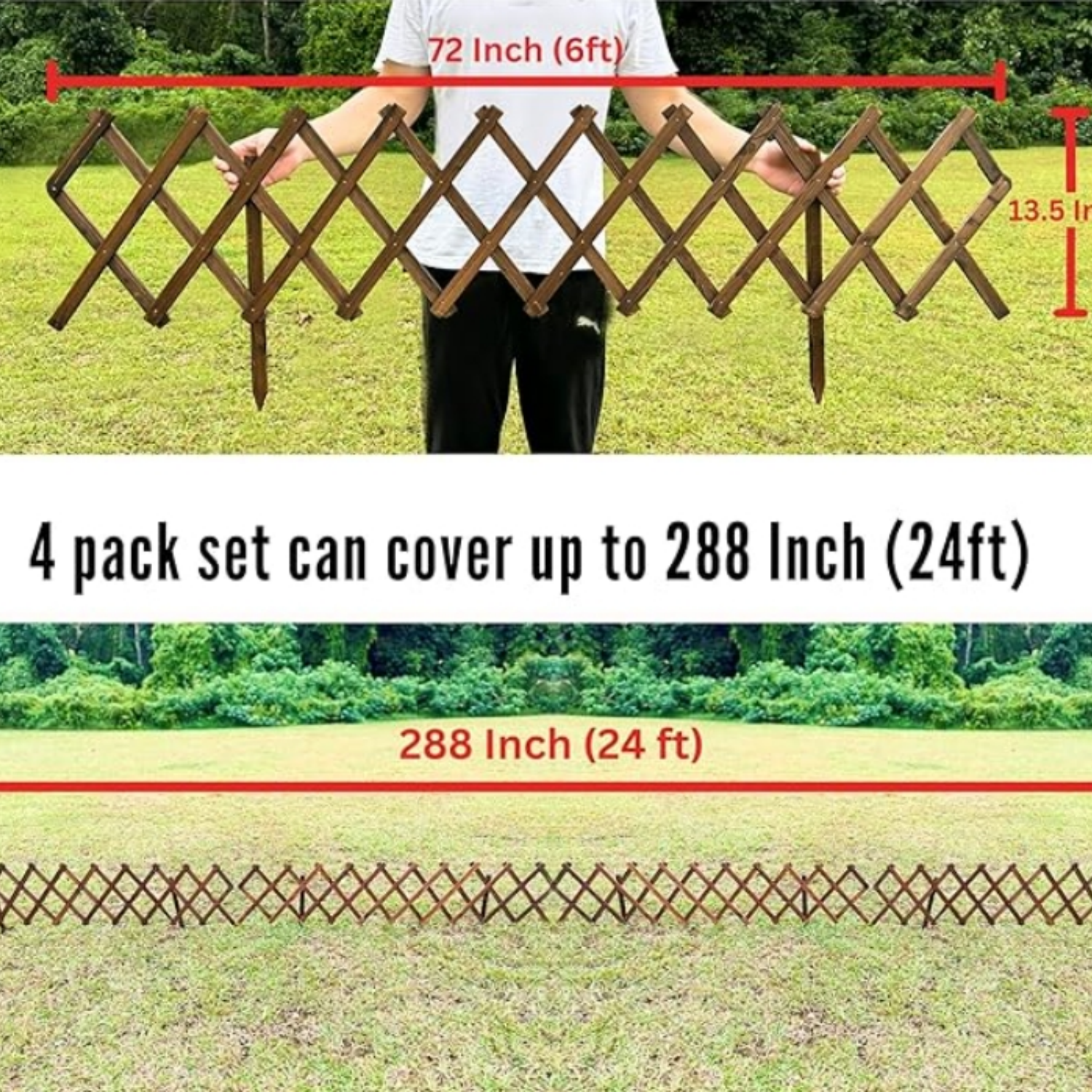Garden Fence - 4 Pack, Total 24ft (L) Wooden Lattice Flower Edging for Yard Lawn Landscape Patio Outdoor D r, Expandable Plant Garden Trellis Animal Barrier Fence No Dig Panel for Small Dog
