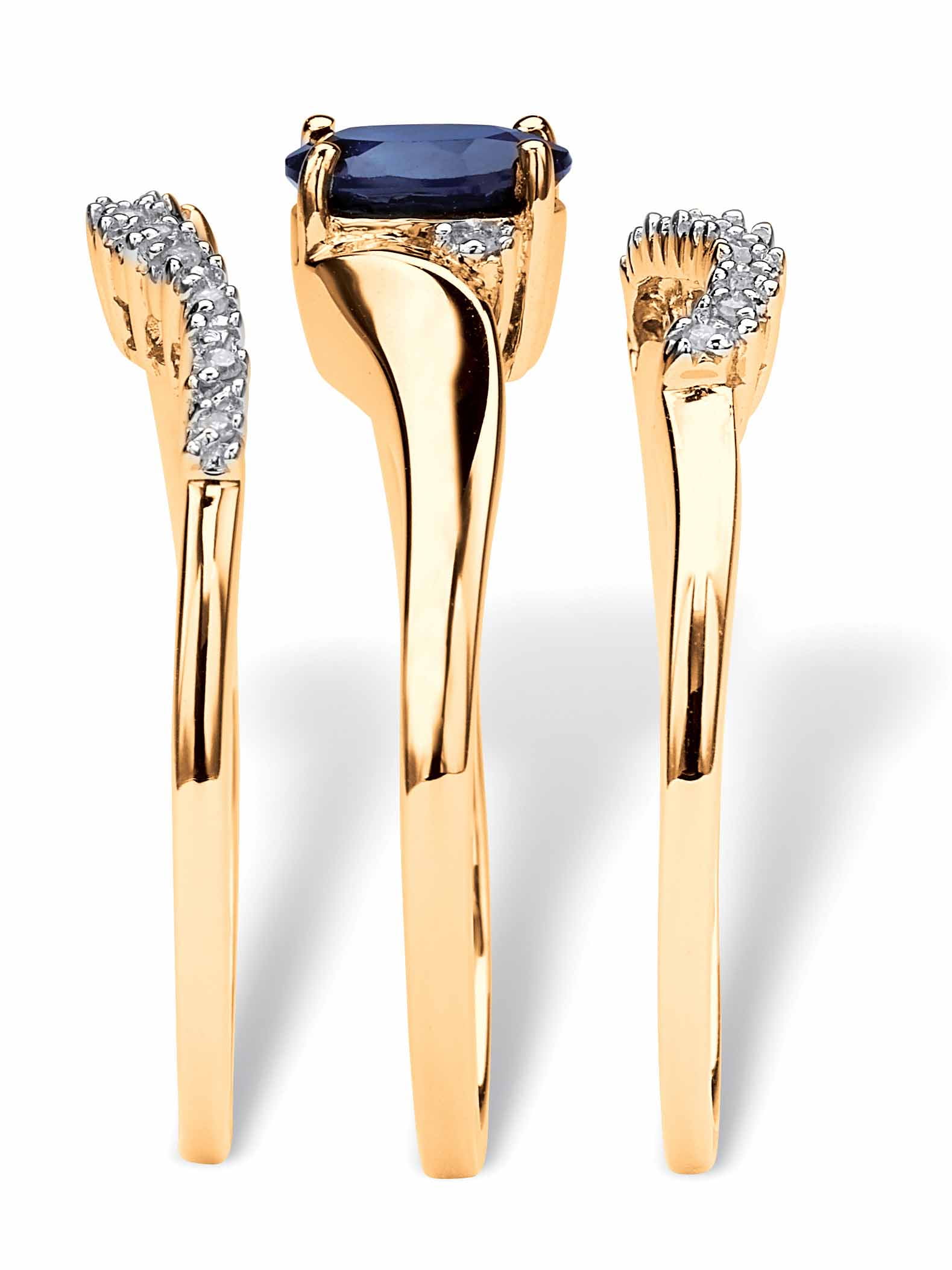 PalmBeach Jewelry 3 Piece 1.05 TCW Oval Sapphire and Diamond Accent Bridal Ring Set in Platinum-Plated or Yellow Gold-Plated Sterling Silver