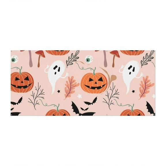 Spooky Cute Ghost and Pumpkin Garage Door Cover - 13ft Wide Halloween Aesthetic Polyester Backdrop