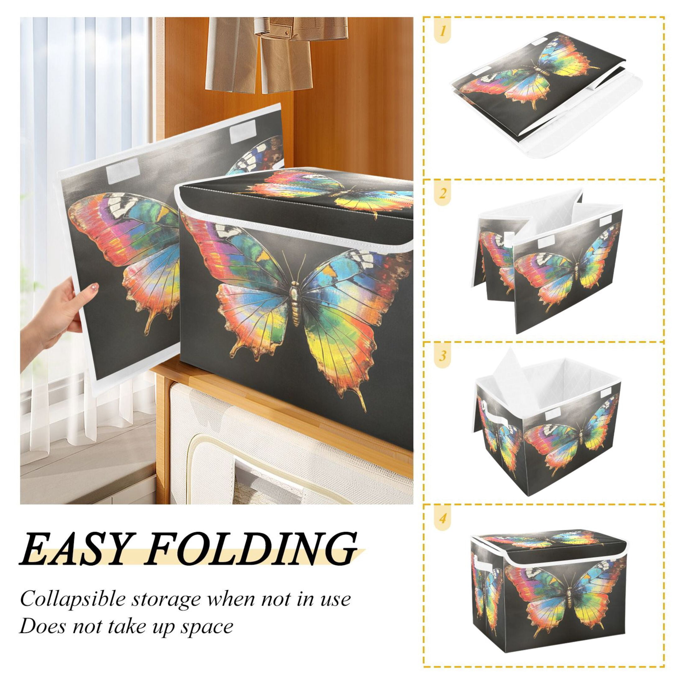 Storage Box With Lid 16.5x12.6x11.8In Foldable Stacked Household Storage Box Big Butterfly Picture