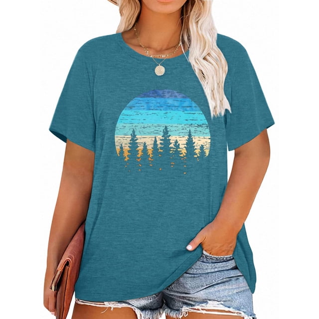 Camiseta MK Shop Limited con estampado de pinos al atardecer para mujer, talla grande