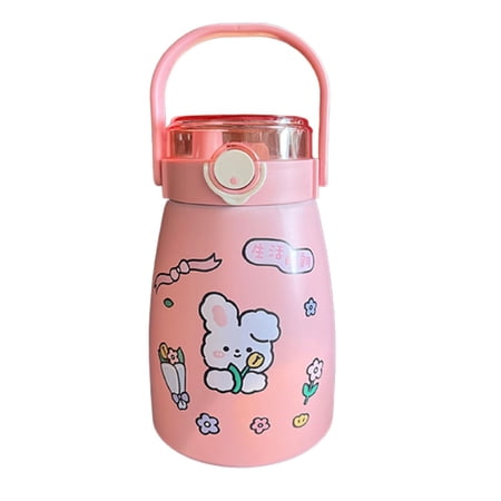 800ml Cartoon Thermal Mug With Straw Leak-proof Stainless Steel