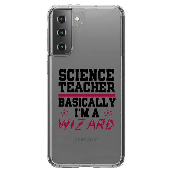 DistinctInk Clear Shockproof Hybrid Case for Galaxy S21 5G (6.2" Screen) - TPU Bumper Acrylic Back Tempered Glass Screen Protector - Science Teacher Basically I'm a Wizard