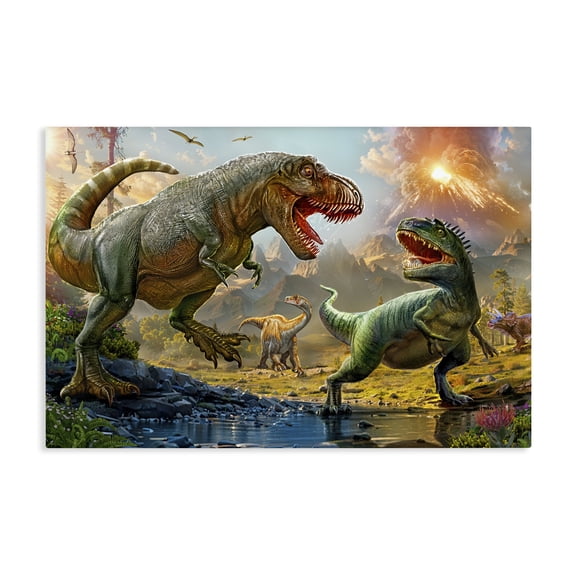 Stupell Industries Cottage T-Rex Encounter at Riverbank Canvas Art, 24 x 16, by Henriette Chinaglia