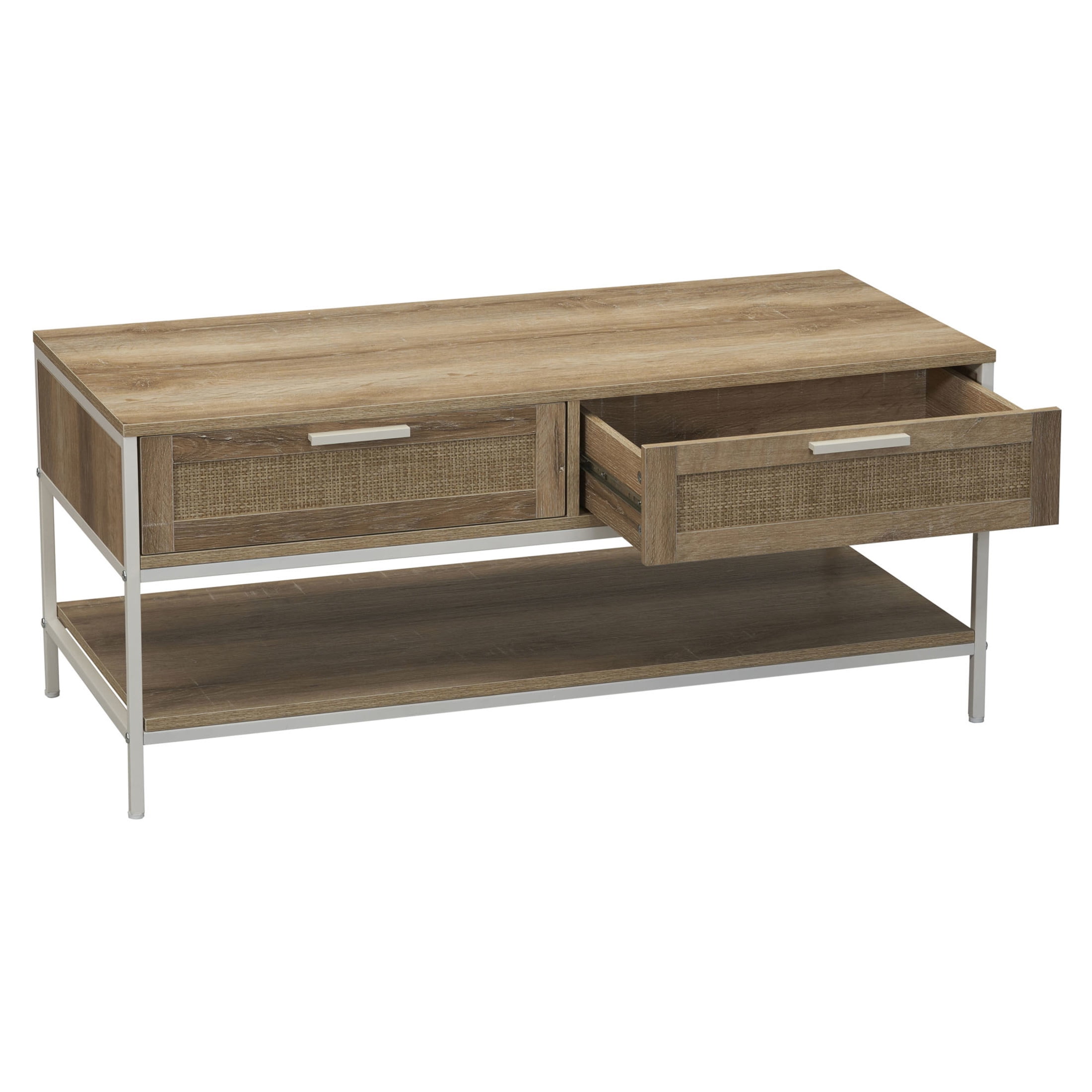 Household Essentials Bungalow Rectangular Coffee Table with Storage Shelf and 2 Drawers Coastal Oak Rustic Wood Grain Woven Front and White Metal
