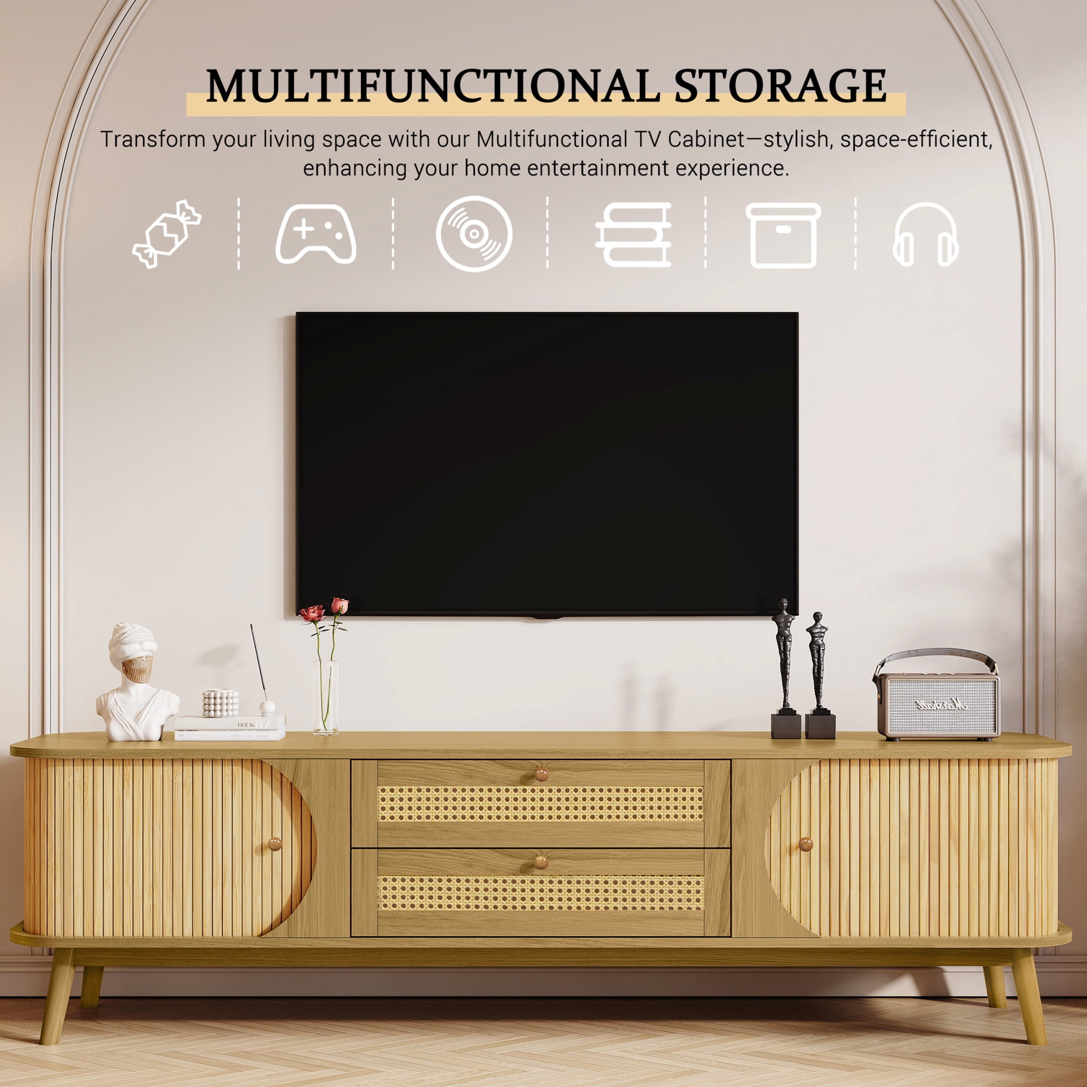Noble House Rattan TV Stand for TVs up to 75 Inch with Storage Cabinets and Drawers, Natural