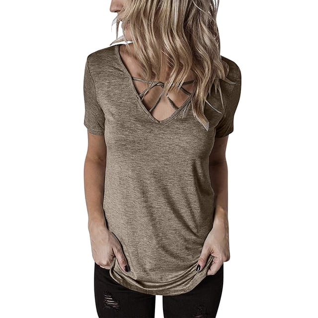 Posijego Hauts pour Femmes Croisés Col en V Manches Courtes T-Shirts pour Femmes Été Basique Tee Chemises de Sortie