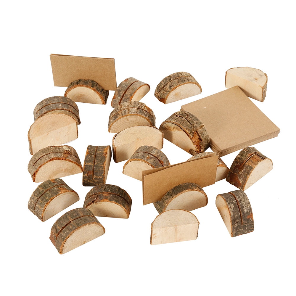 20 Pcs Rustic Wood Place Card Holders with Memo Clips and 30 Pcs Kraft Place Cards Cube Base Wooden Table Number Holder Stand Photo Picture Note Clip Holders for Wedding Party Name Sign
