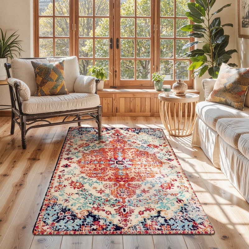 Wonnitar 3'x5' Bohemian Medallion Area Rug,Bedroom Rug Soft Throw Printed Bathroom Kitchen Entry Foyer Mat, Vintage Non-Slip Washable Carpet for Front Door Laundry Room Bath Office