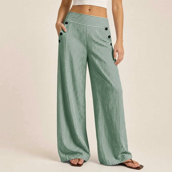 KIHOUT Womens Striped Waist Wide Leg Pants High Rise Elastic Back Casual Loose Fit Straight Leg Trousers with Pockets Daily Wear