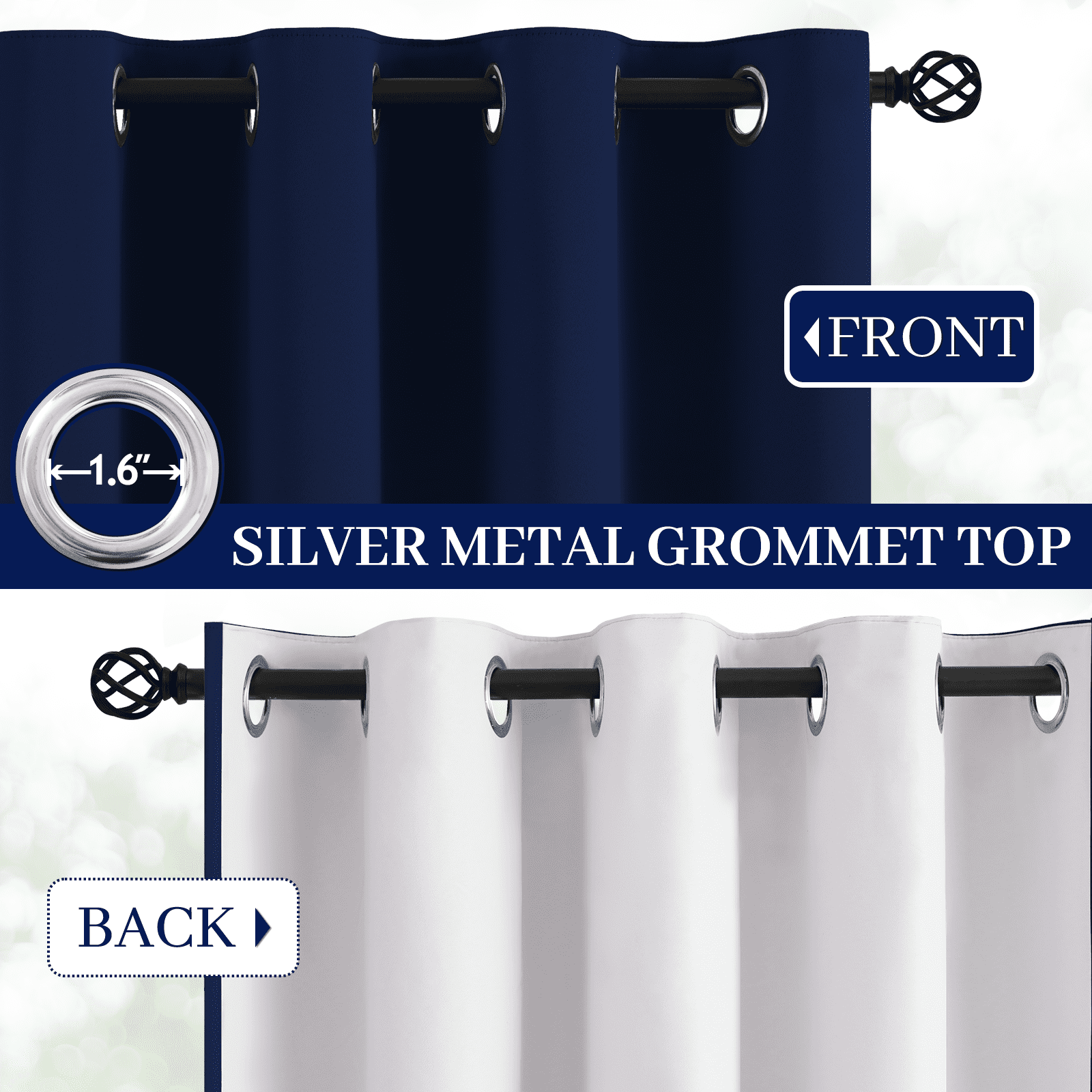 Yakamok 100% Blackout Curtain Panels 84 inches Light Blocking Drapes for Nursery, 2 Thick Layers Thermal Insulated Draperies (2 Pieces,52 Wide Each Panel,Navy Blue Front with White Backing)