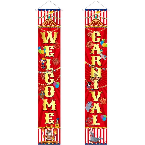Hzzsbu 1Set Carnival Circus Porch Banner, Circus Theme Party Decorations, Carnival Welcome Door Banners Set, Hanging Carnival Birthday Party Supplies Decoration