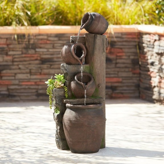 Four Jug 39 1/4" High Large Rustic Indoor Outdoor Decor Faux Stone Floor Fountain with Light LED Outside