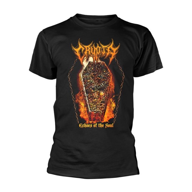 crypta - camiseta echoes of the soul estampado en espalda para adultos unisex (negro) camiseta negra 100% algodón con estampado tipo álbum en espalda: ilustración central de ataúd con texturas orgánicas y llamas naranja, logotipo 'crypta' arriba en tipografía angular y texto 'Echoes of the Soul' abajo; cuello redondo, manga corta y ajuste regular, serigrafía sobre tejido pre-encogido y suave al tacto; apta como prenda casual para conciertos.