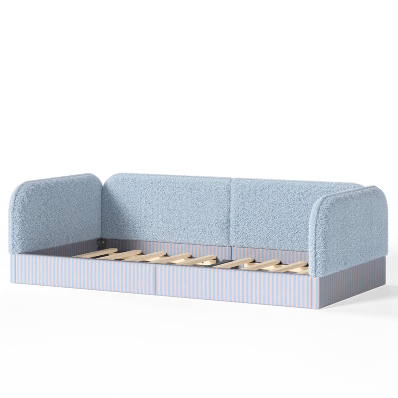 Twin Size Upholstered Floor Daybed Frame for Kids, Half-Enclosed Montessori Platform Bed with 3-Sided Surrounding Guardrails
