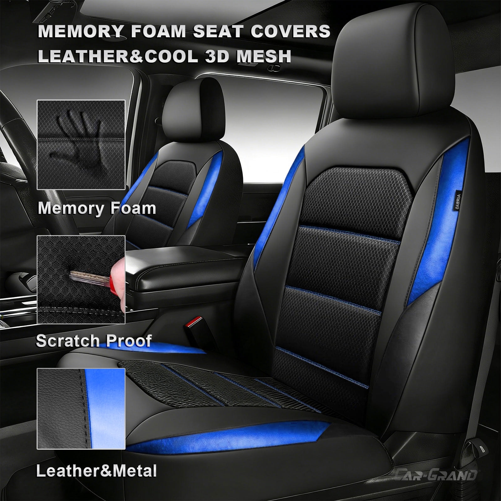 CAR GRAND Memory Foam Car Seat Covers, Leather Mesh Universal Fit Automotive Seat Protectors  Front Pair for Trucks SUV Sedan Metal Film Leather Armrest Airbag Compatible Comfortable  Black Blue