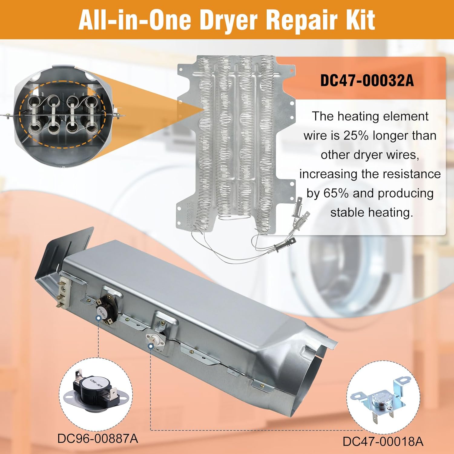 DC93-00154A Dryer Heating Element Assembly (3 Wire) Fit for samsung Dryer DV45K6500EV/A3 DV48J7770EP/A2 DV52J8700EP/A2 DV45K6200EZ/A3 DV50K8600EV/A3 etc