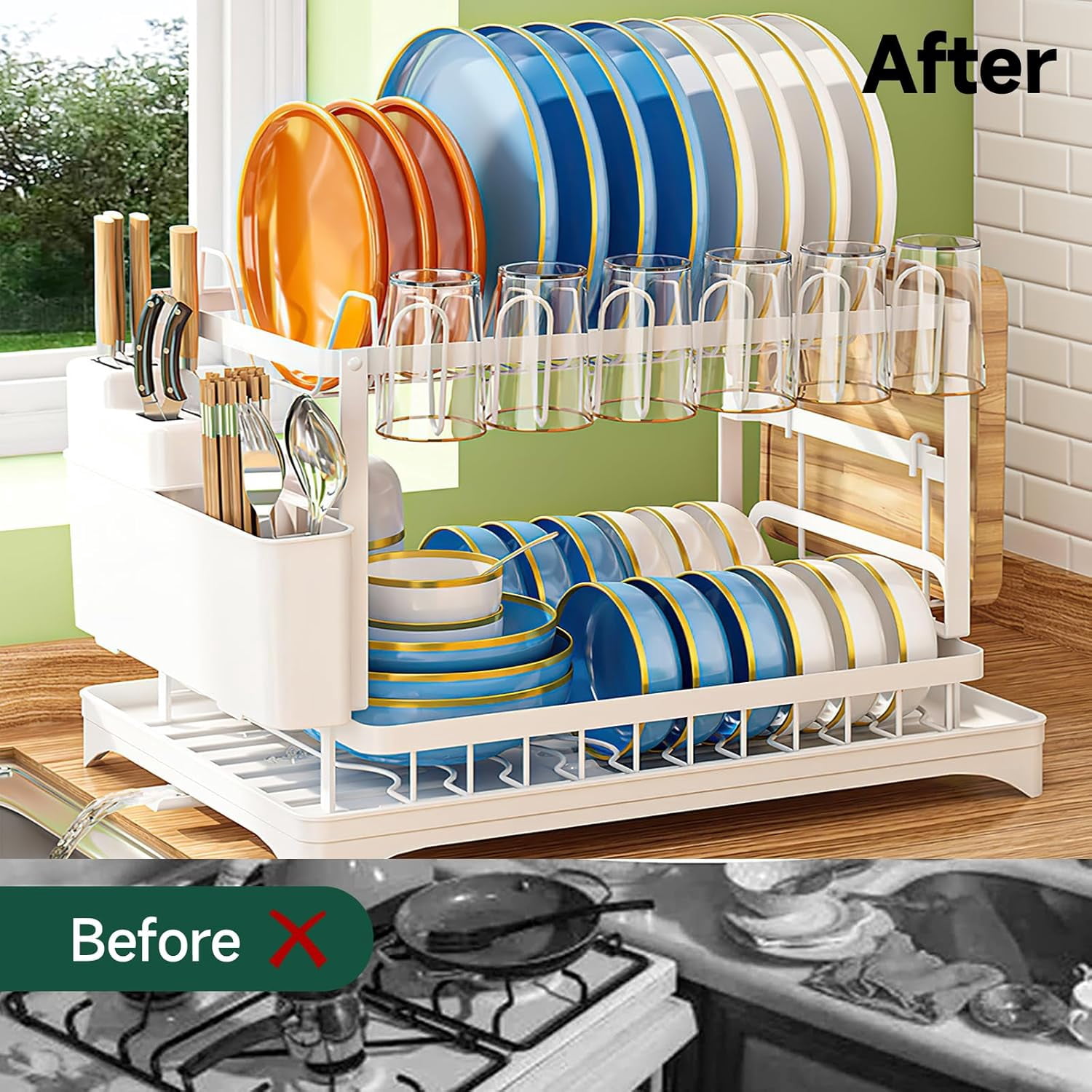 Complete Dish Drying Rack Set: Adjustable Rust-Proof Drainer with Removable Cutlery Caddy & Swivel Spout | White Countertop Space-Saving Organizer for Kitchen