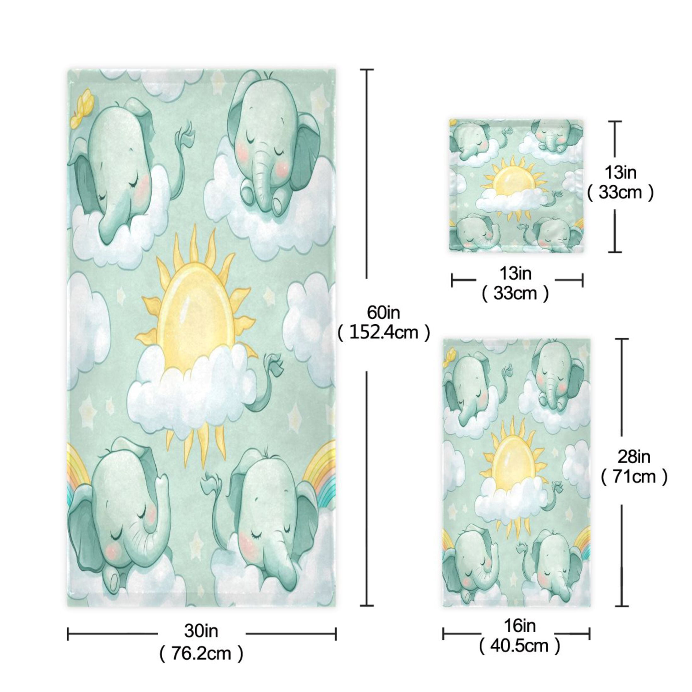 WOBOGO Illustration Of Cartoon Sleeping Baby Elephants Ultra Soft 3 Pack Cotton Towel Set for Everyday Use Lightweight and Compact