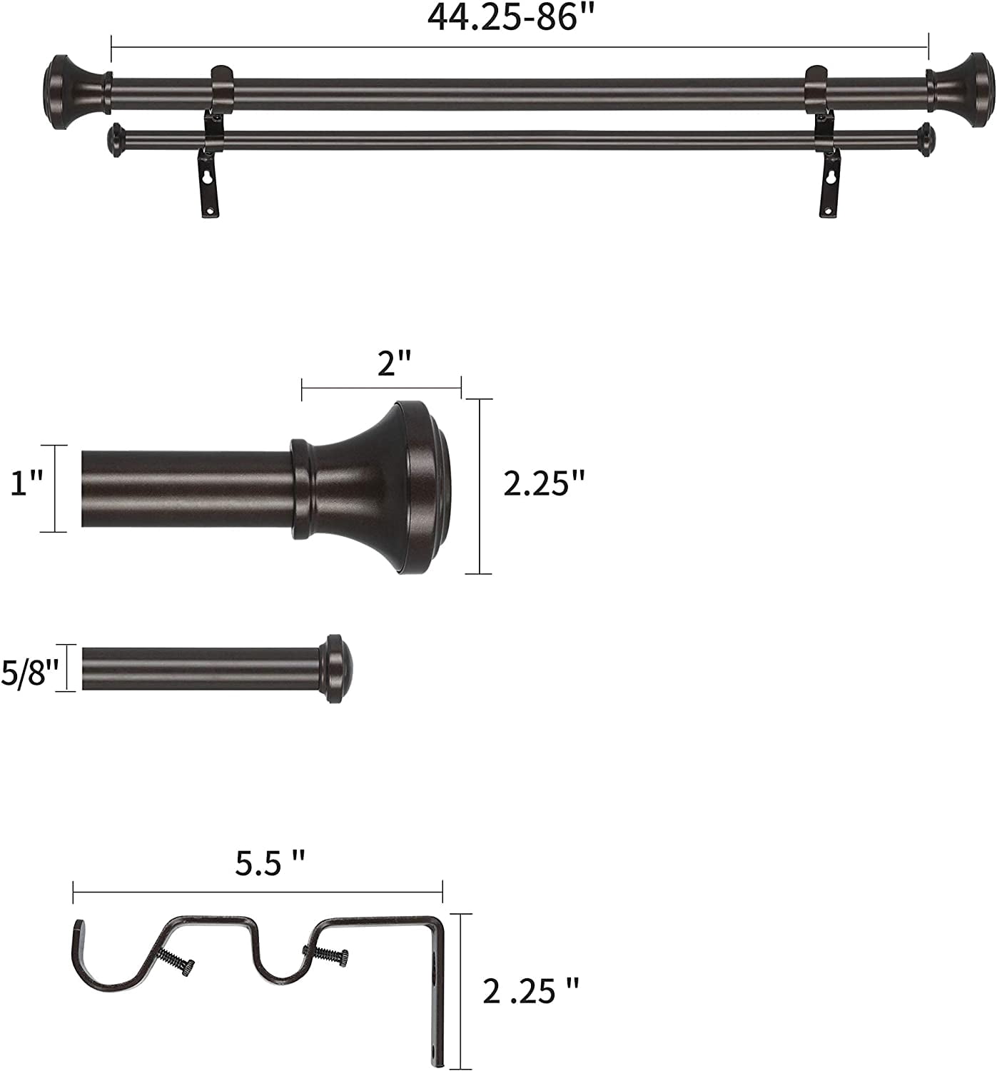 eTeckram 1" Double Curtain Rod with Trumpet Finials - 48''to 84'', Oil-Rubbed Bronze