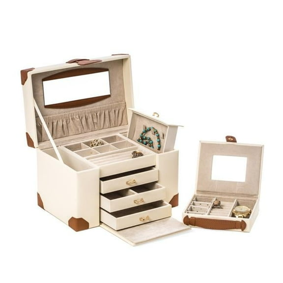Bey-Berk International BB627IVR Ivory Leather 4 Level Multi Compartment Jewelry Box