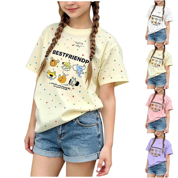 Eltusu Girls Cotton T-Shirts, Summer Crew Neck Printed Casual Kids Tee with Short Sleeve Beige Size 10-12 T