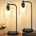 thumbnail image 1 of Juego de 2 lámparas de mesa industriales con puertos USB C+A y tomacorriente, totalmente regulables, para dormitorios, mesita de noche, lámpara de escritorio con pantalla de vidrio para lectura, sala, 1 of 9