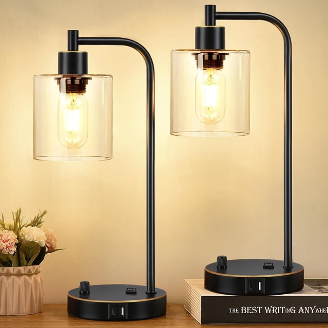 Juego de 2 lámparas de mesa industriales con puertos USB C+A y tomacorriente, totalmente regulables, para dormitorios, mesita de noche, lámpara de escritorio con pantalla de vidrio para lectura, sala