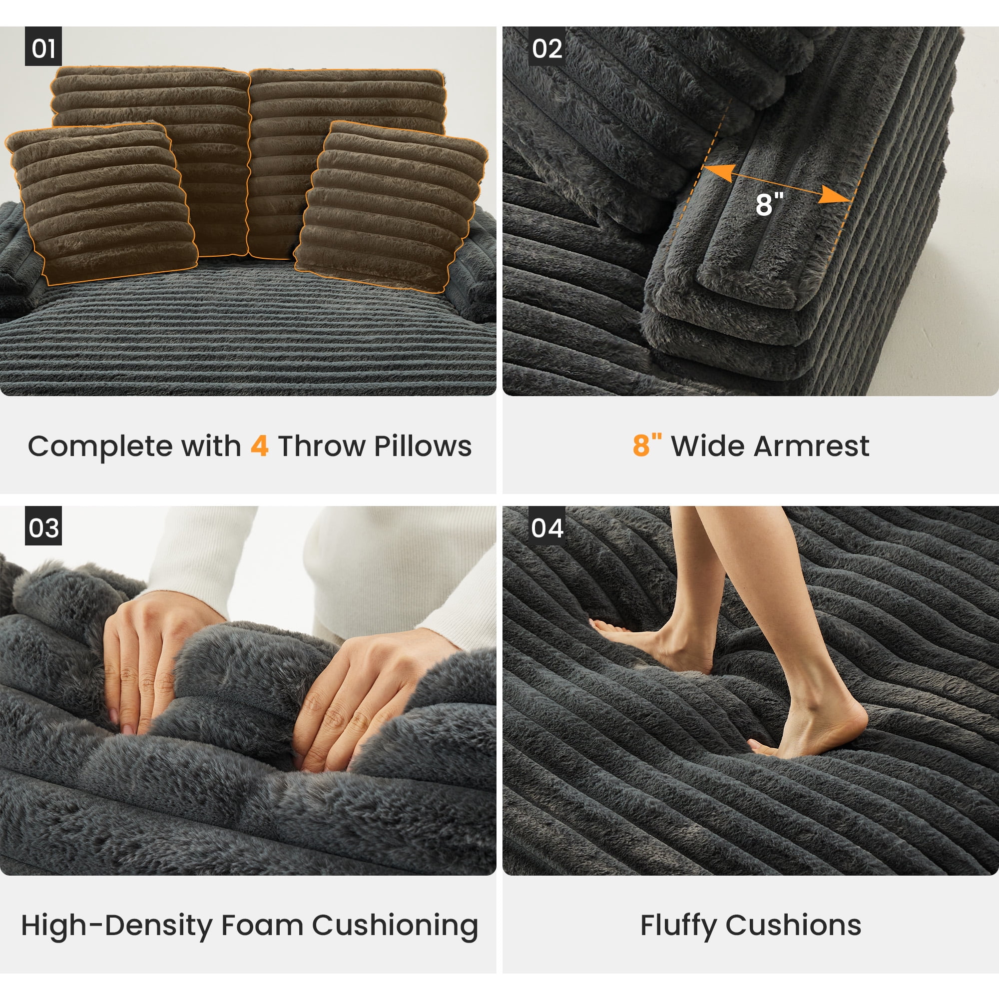 Gelloan Oversized Chaise Lounge Chair Indoor, Upholstered Sofa Bed with Throw Pillows and Armrests, Sleeper Chair for Living Room, Bedroom,Grey,Corduroy