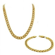 Stainless Steel Yellow Gold-Tone Mens Classic Cuban Link Chain Necklace Bracelet Set