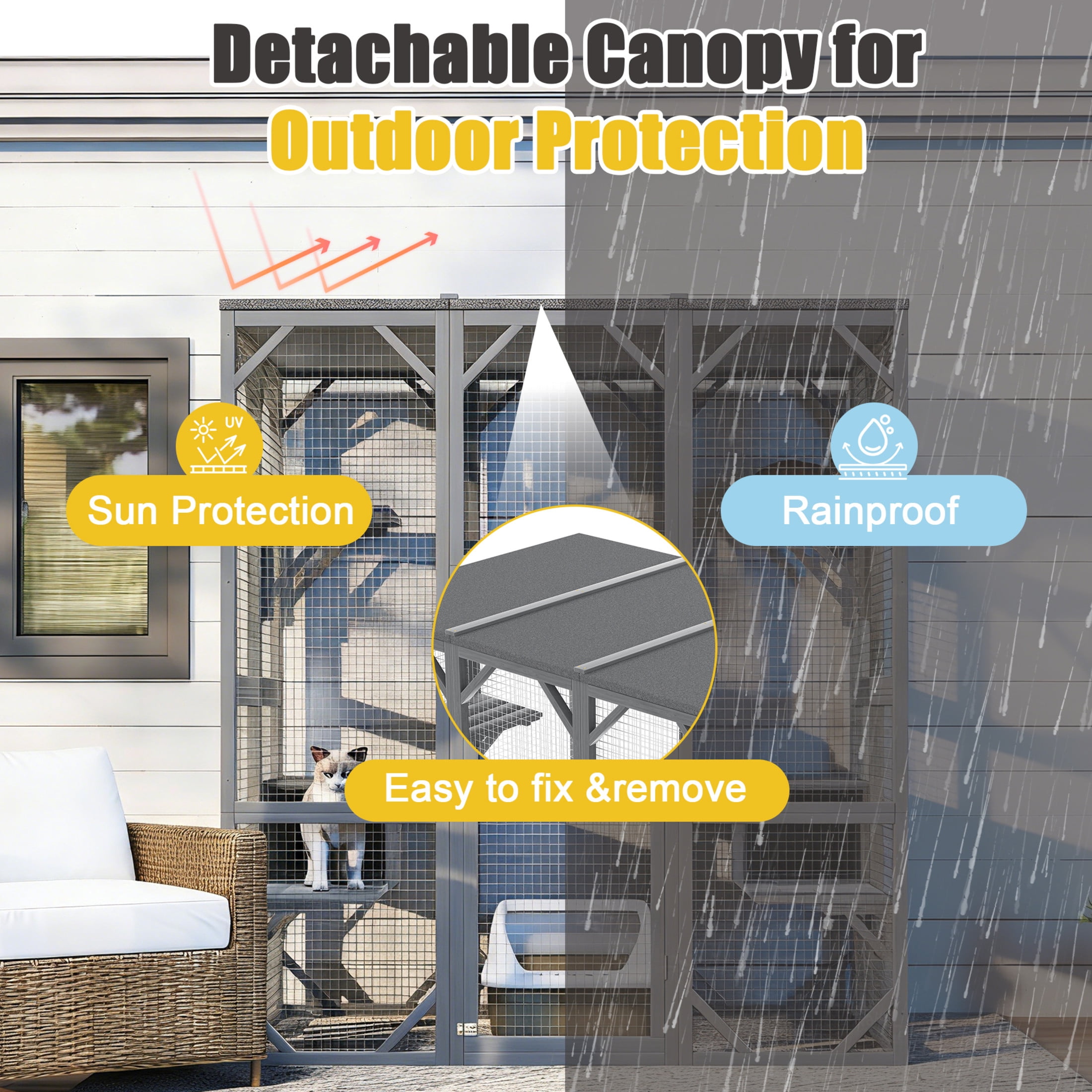 Noble House Large Outdoor Cat Enclosure, Wood Cat House with 6 Platforms & Lockable Doors for Patio Garden, Gray