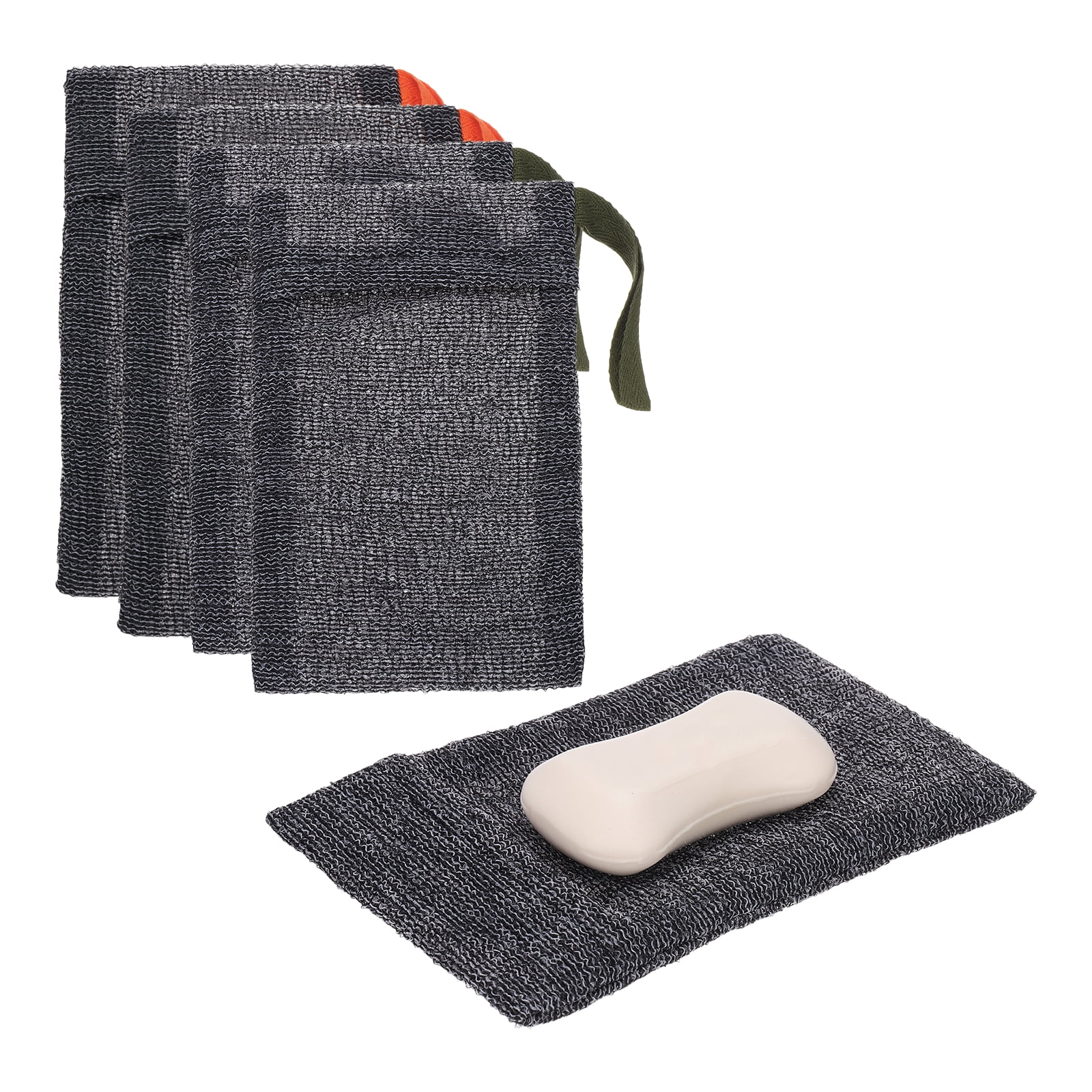 Uxcell Loofah Soap Pouch, 4 Pcs Bar Soap Saver Bag with Orange/Dark Green Handle Nylon Body Scrubber Pouch Exfoliating Net for Body Shower Foaming Travel Camping, Grey