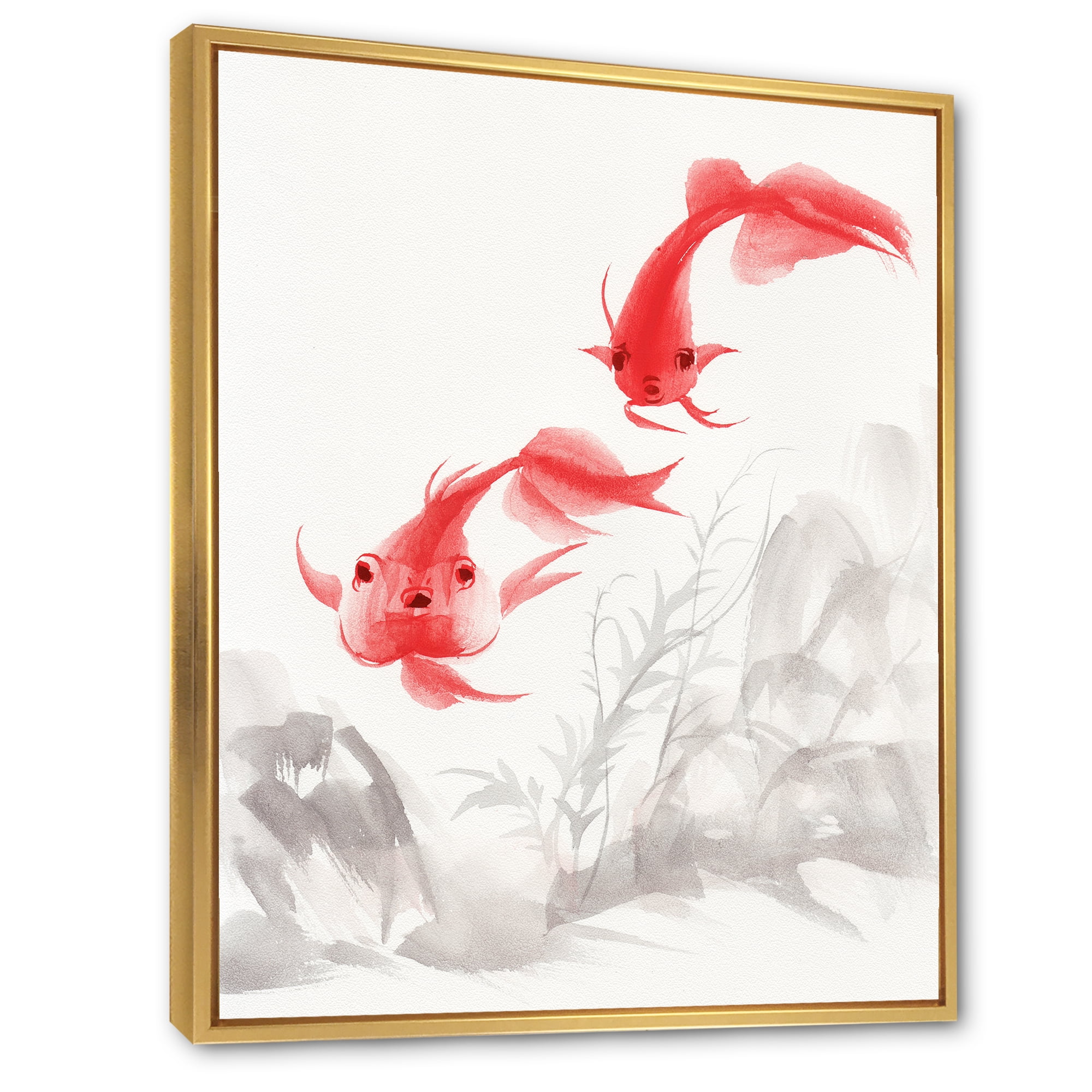 Designart 'Ancient Gold Fishes' Nautical & Coastal Framed Canvas Wall Art Print
