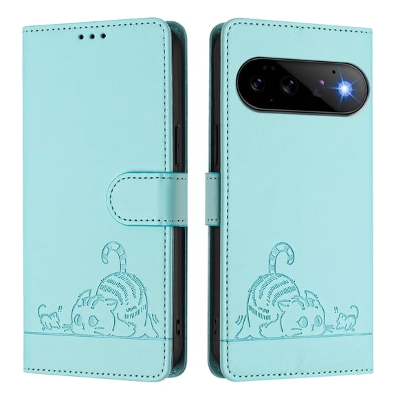 Phone Case for Google Pixel 11 / Pixel 11 Pro, Cat Pattern PU Leather Case with RFID Block Card Slots Stand Magnetic Flip Wallet Cover, Mint