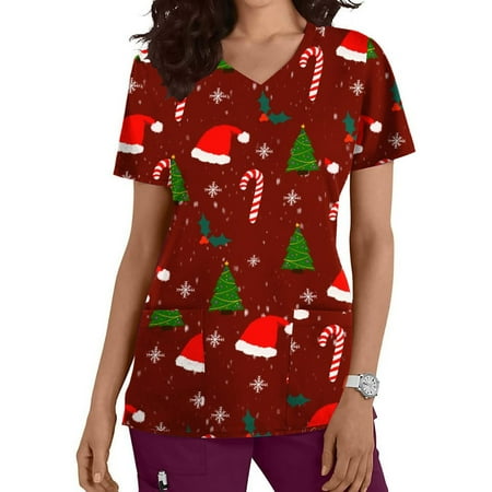 

Cakiesky Women s Scrubs Top Cartoon Pattern V-Neck Printed Short Sleeve St Patricks Day Nurse Scrub Tops with Pocket Red L