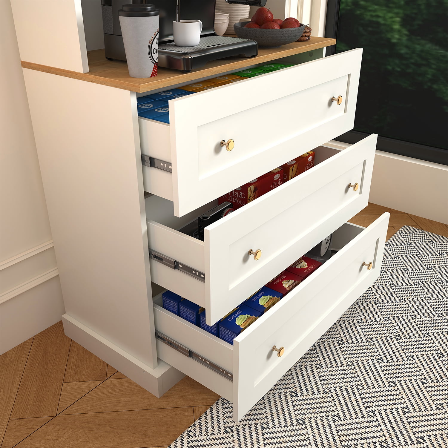 71"Kitchen Pantry Cabinet with Microwave Stand,3 Drawers and Adjustable Shelves,White