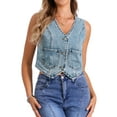 thumbnail image 1 of CHALCO CHIC Chaleco de Mezclilla para Mujeres Y2K Cuello en V Sin Mangas Botón Frontal Chaleco Corto XS Gris Azul, 1 of 6