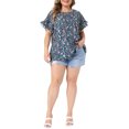 thumbnail image 2 of Agnes Orinda Women's Plus Size Floral Print Blouse Bohe Crew Neck Tulip Sleeves Summer Casual Tops 4X Navy Blue, 2 of 6