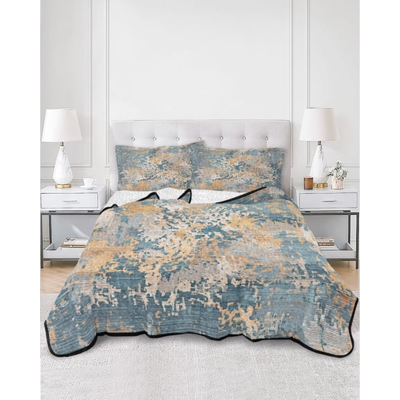 Quilts King Size, Blue Yellow Copper Rust Soft Comforter Bedding Set for Bed, Vintage Industrial Mottled Abstract Lightweight Quilted Bedspread with Pillow Cover(2 Pieces) for All Season, 96x106 Inch