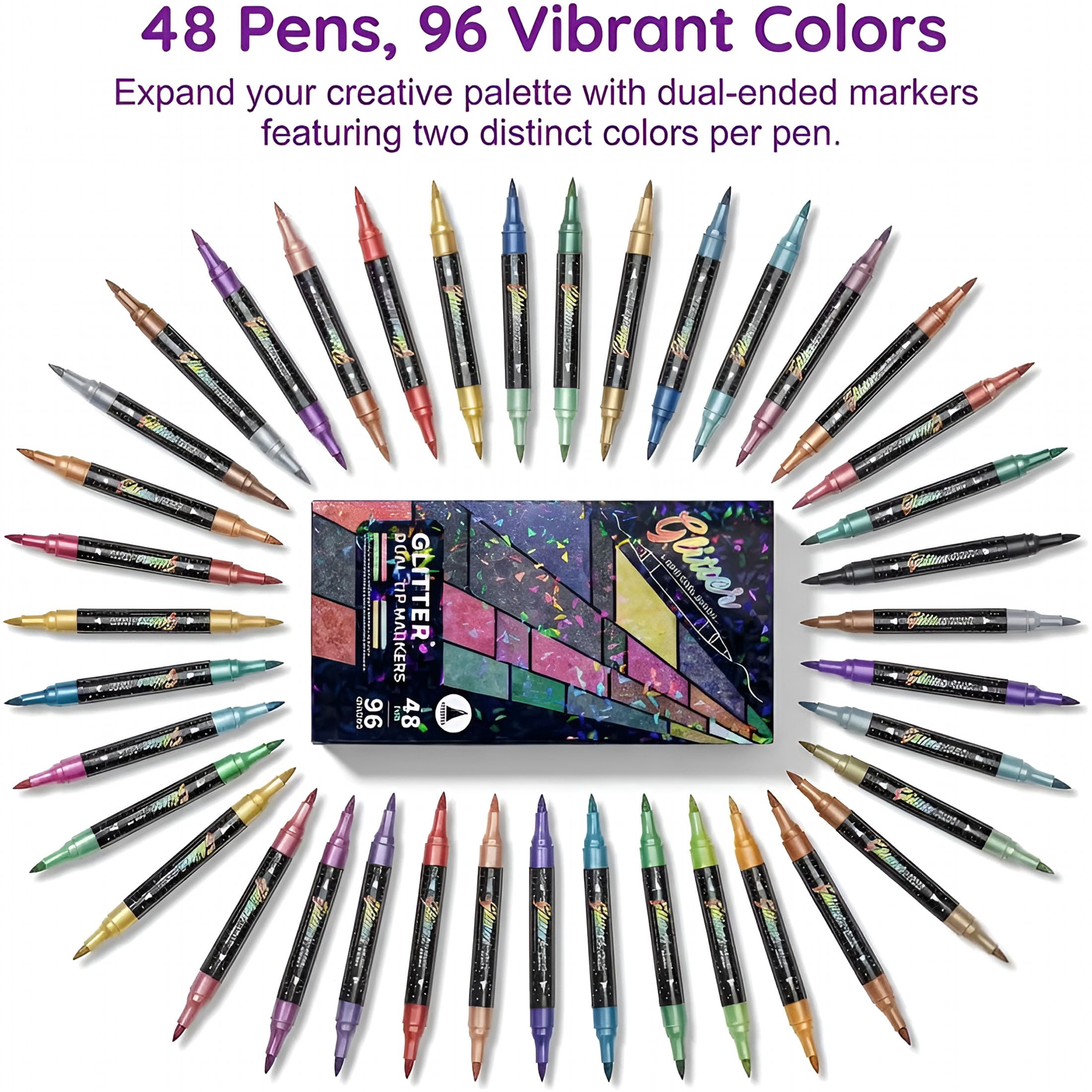 CCOCC 24/48/72/96 Colors Glitter Effect Brush Markers,Glitter Dual Tip Markers,Professional Glitter Paint Pens Set for Adult Coloring Books,Journals,Card Making &