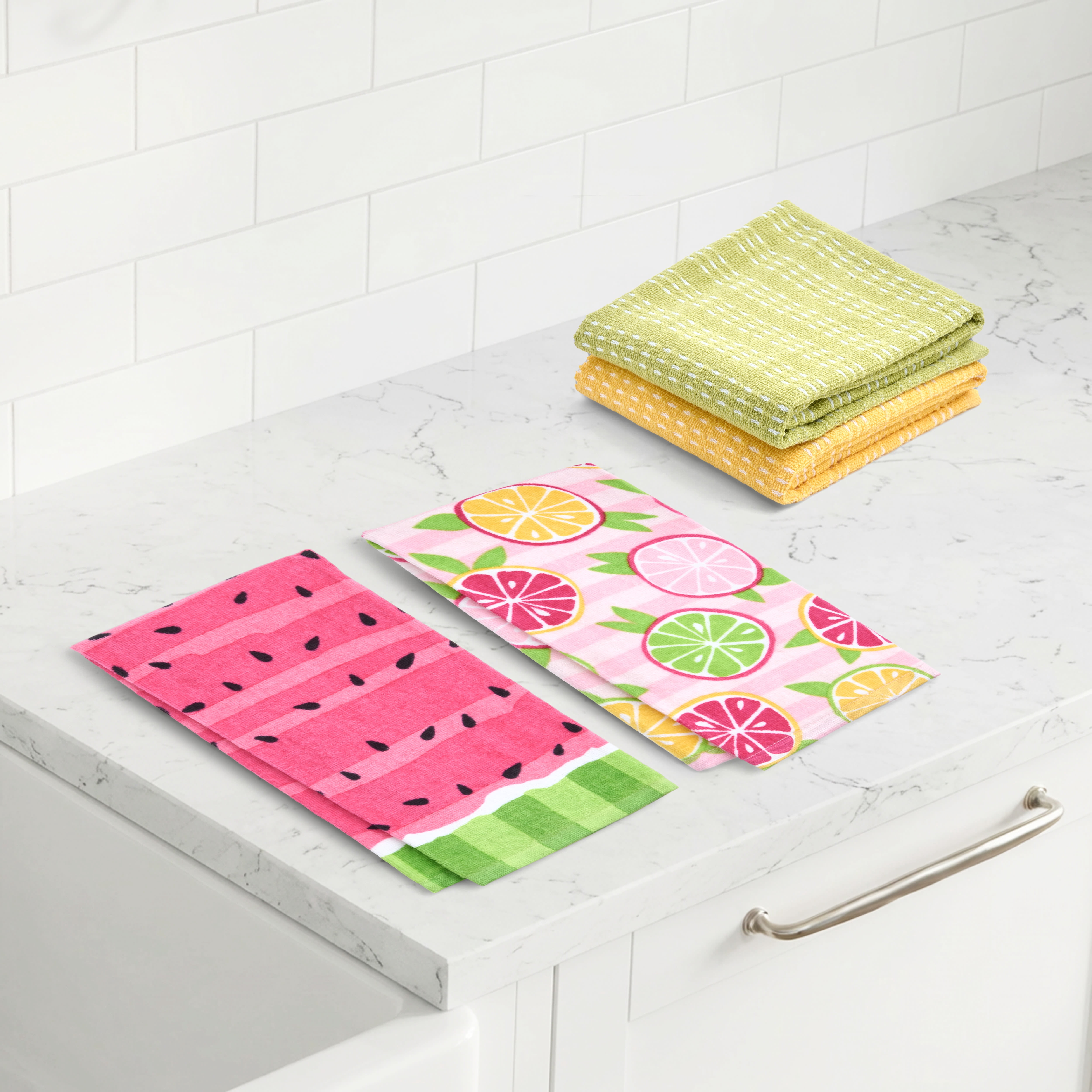 RITZ 100% Cotton Summer Kitchen Towels, Set of 4, Citrus Watermelon Dish Towels Set