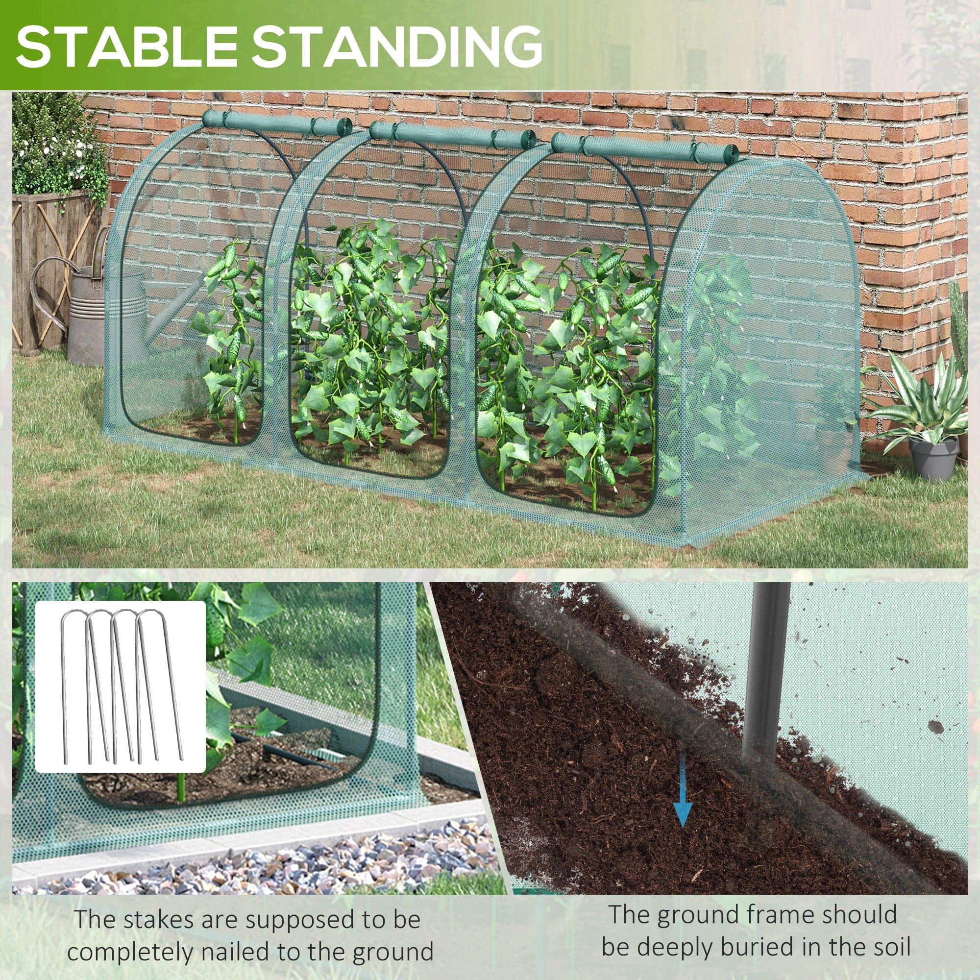 9' x 4' Crop Cage, Plant Protection Tent with Three Zippered Doors, Storage Bag and 6 Ground Stakes, for Garden, Yard, Lawn, Green