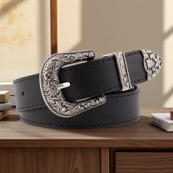 Women Leather Belts Ladies Vintage Western Design Waist Belt for Pants Jeans Dresses,108cm,Black