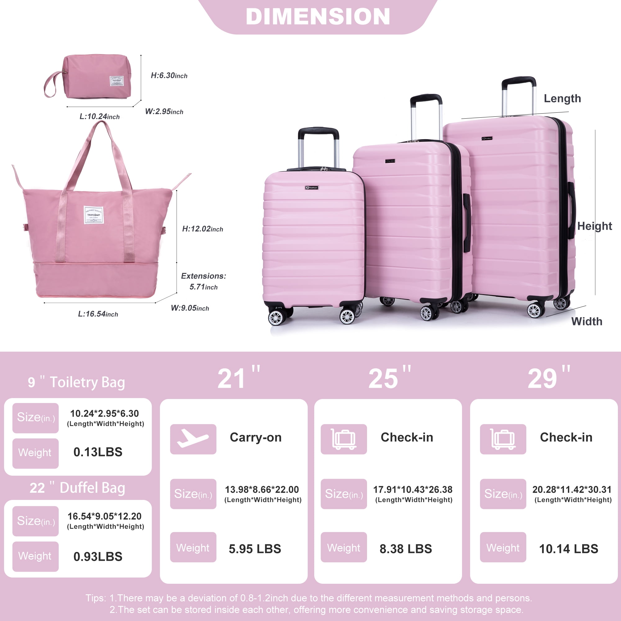 Tripcomp 5-Piece Hardside Luggage Set with Duffel Bag & Spinner Wheels, 20/24/28 Inch Lightweight ABS Suitcases with TSA Lock,Pink