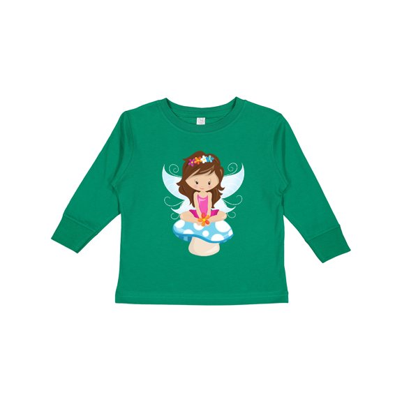 Inktastic Cute Fairy, Magic Fairy, Brown Hair, Mushroom Girls Long Sleeve Toddler T-Shirt